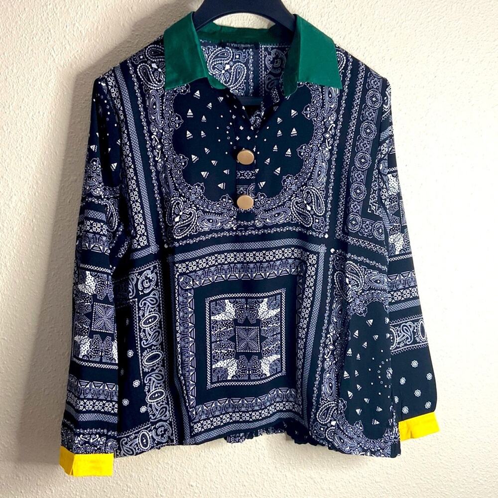 Cyberone Women Black Paisley Print Long Sleeves Blouse Size M